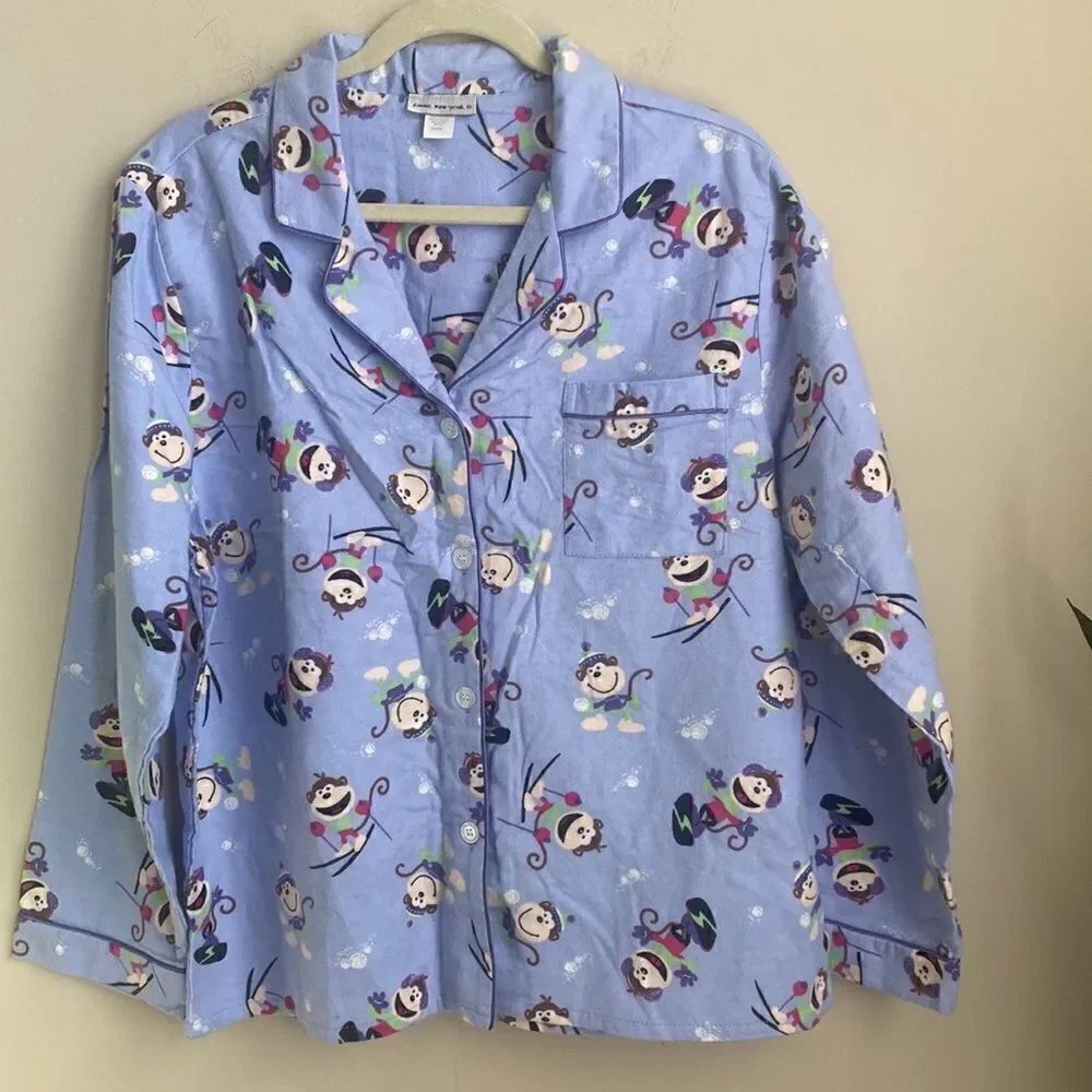 Anna NY Flannel Novelty Monkey Pajama Top L